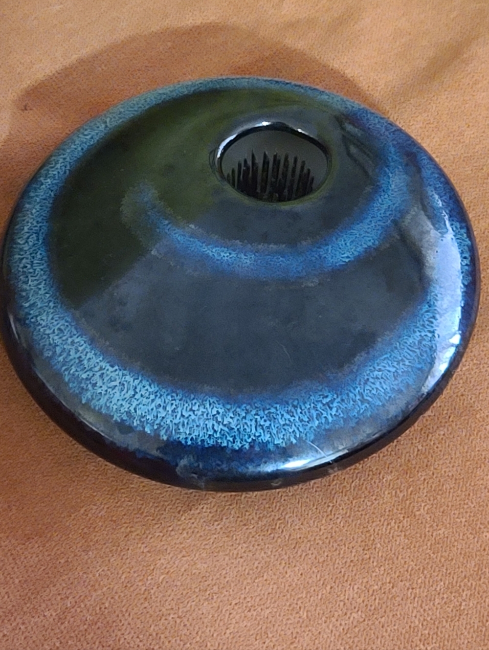 Blue Swirl On Black Ceramic Ikebana Flower Frog Vase, Coyote Roadhouse Pottery